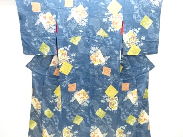 アンティーク　紋錦紗　色紙に梅椿模様着物